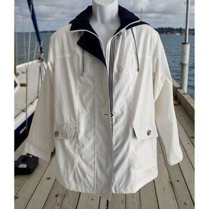 Mackintosh New England Women Jacket M Removable Hood Boating Rain White Navy